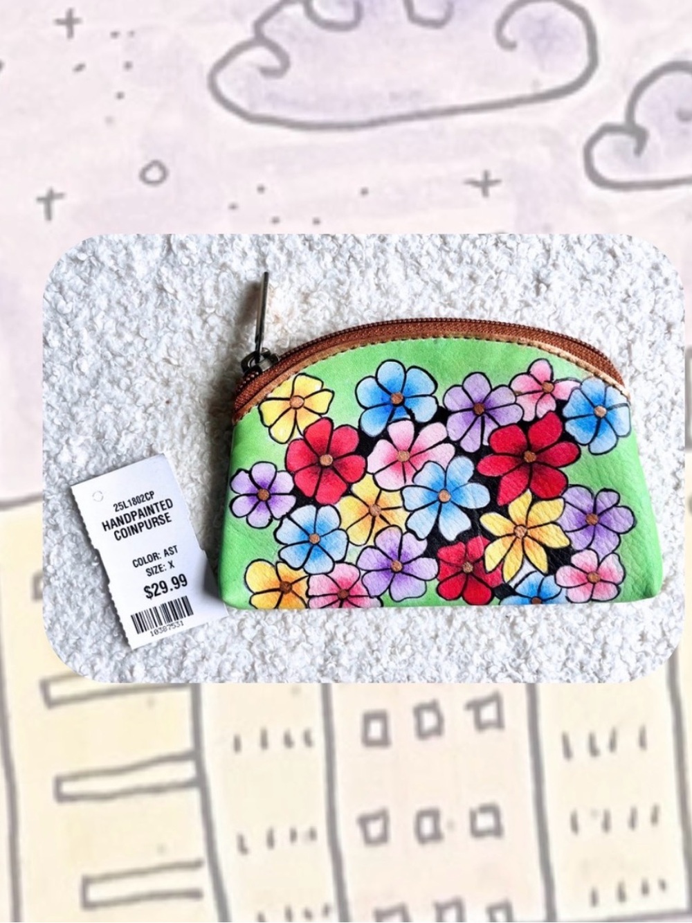NWT🎉Handpainted Multicolor Green Floral Faux Leather Coin Purse